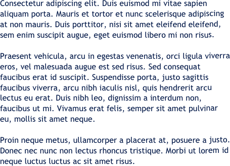 Consectetur adipiscing elit. Duis euismod mi vitae sapien aliquam porta. Mauris et tortor et nunc scelerisque adipiscing at non mauris. Duis porttitor, nisi sit amet eleifend eleifend, sem enim suscipit augue, eget euismod libero mi non risus. 

Praesent vehicula, arcu in egestas venenatis, orci ligula viverra eros, vel malesuada augue est sed risus. Sed consequat faucibus erat id suscipit. Suspendisse porta, justo sagittis faucibus viverra, arcu nibh iaculis nisl, quis hendrerit arcu lectus eu erat. Duis nibh leo, dignissim a interdum non, faucibus ut mi. Vivamus erat felis, semper sit amet pulvinar eu, mollis sit amet neque. 

Proin neque metus, ullamcorper a placerat at, posuere a justo. Donec nec nunc non lectus rhoncus tristique. Morbi ut lorem id neque luctus luctus ac sit amet risus.